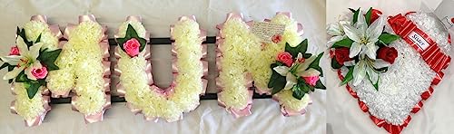 Silky Bouquets Mum Artificial Silk Funeral Flower Package Pair Wreath Faux Heart Letter Tribute