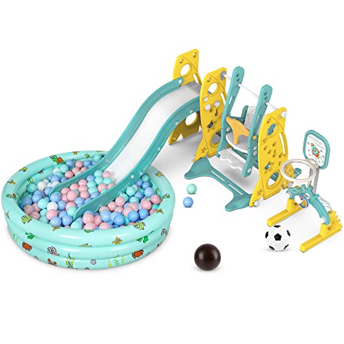 Amictoy Toddler Slide and Swing Set, Kids Indoor Slide for Toddlers Age 1-6, Outdoor Baby Climber Slide Playset w/Basketball Hoop, Extra Long Slide, Height-Adjustable Swing & Ocean Ball Pool
