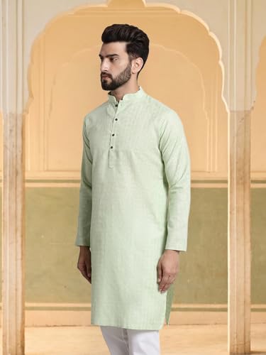 Image of SOJANYA Pastel Green Cotton Blend Kurta with Contrast Button Detailing