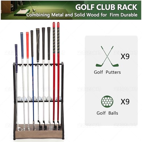 Image of Golf Club Holder for 9 Clubs & 9 Balls, Solid Wood & Iron Golf Organizer, Golf Putter Holder Floor Stand, Golf Club Stand Suitable for Golf Simulators|Golf Course Accessories