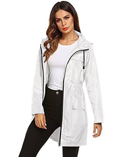 LOMON Womens Lightweight Waterproof Rain Jacket Active Outdoor Hooded Raincoat with Pockets White XL