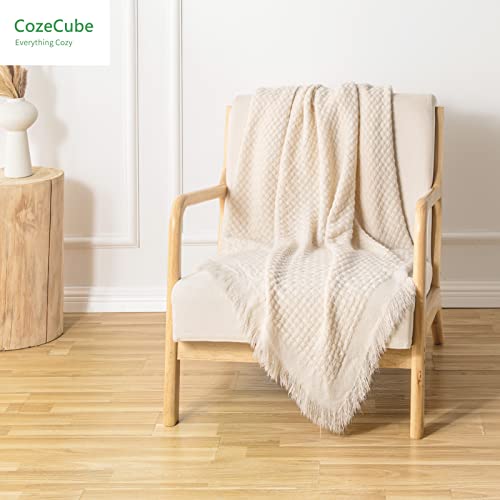 Cozecube Boho Throw Blanket For Couch, Spring Throw Blanket, Basket Weave Waffle Throw Blanket, Farmhouse Lightweight Throw Blanket With Fringe, Cream, 60'' X 50'' #TOP1