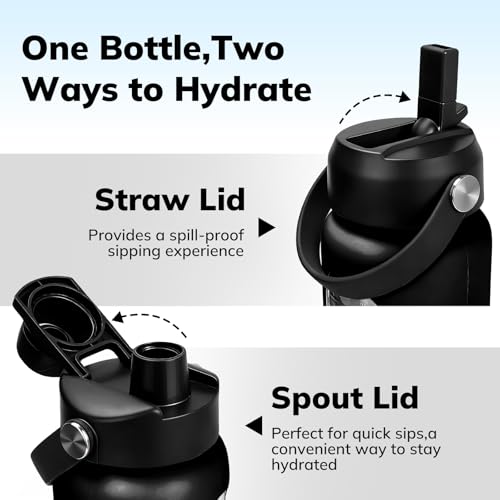 Image of Aqulea 32 oz Glass Water Bottle with 2 Lids - Spout & Straw Lids, 1L Motivational Borosilicate Glass Water Bottle with Time Marker & Silicone Sleeve, Leakproof (Black)