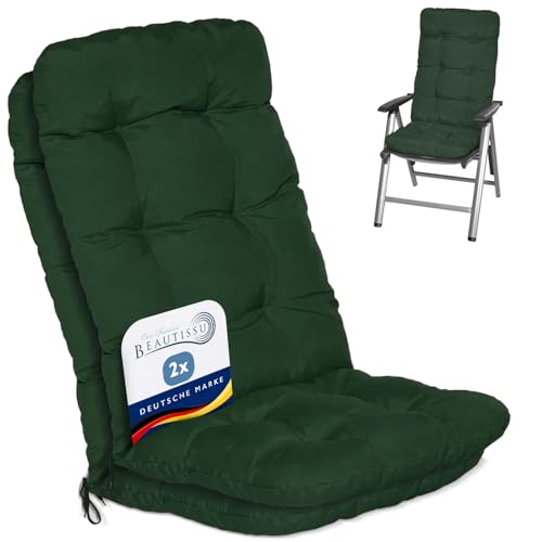 Beautissu 2er Set Hochlehner Auflagen 120x50x8cm - Sitzpolster Set für Gartenstühle Outdoor Stuhlkissen hoch – Gartenstuhlauflage für Hochlehner in Dunkelgrün - Flair HL