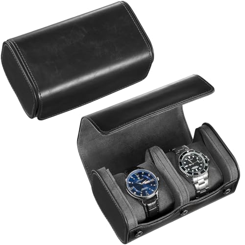 ProCase Watch Travel Case, 2 Slots PU Leather Watch Roll Box for Men, Portable Watch Holder Organizer, Gifts Ideas -Black Black 2 Slot