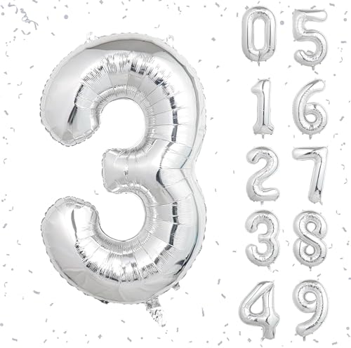 16 In Silver Large Numbers Balloons 0-9, Self Inflating Number 3 Balloons for Boys Girls, Big Silver Digit 3 Balloons for Women Men Birthday Party Anniversary Wedding Supplies Decorations