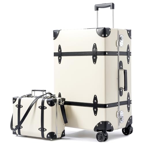 Image of Vintage PU Leather Luggage Set, Retro Trunk Suitcase with Wide Aluminum Frame, TSA Key Locks and Smooth 360 Spinner Wheels (Ivory Signature,26 inch+12 inch)
