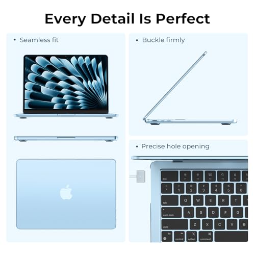 Image of EooCoo Case Compatible for MacBook Air 13 inch M5 2026 2025 2024 2022 M4 M3 M2, A3449 A3240 A3113 A2681, Air 13.6 inch Matte Protective Hard Shell Cover, [Ultra-Thin Invisible] [Original Texture]-Sky Blue