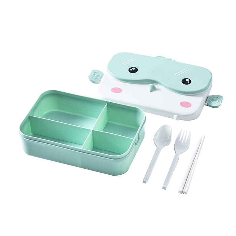 4 Compartment Lunch Box with Leak Proof Lid along with cutlery storage on top cute bird design (Plastic Spoon, Fork and Chopsticks included) (Green)