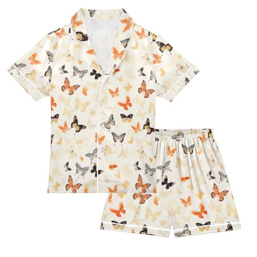 Creative Beautiful Butterfly Summer Satin Pajama Set, Cute Button-Down Sleepwear Pj Set for Sleep Wears