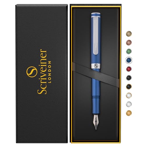 Scriveiner 高級 EDC 万年筆(中字)、すてきななマットブルーのポケットペン、クローム仕上げ、シュミット社製ペン先、コンバーター、最高の筆記具 ギフトセット、男性&女性用、素敵なオフィス デザイナー Pen