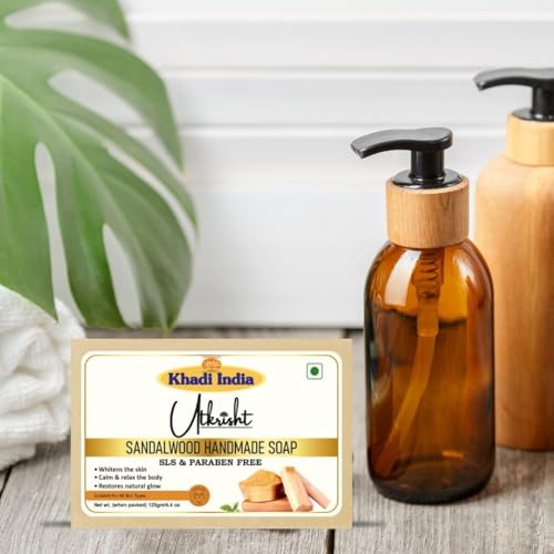 Image of Utkrisht Khadi Sandalwood Herbal Bath Soap | Handmade with Natural Ingredients | Nourishing, Aromatic & Skin Brightening | Paraben-Free | For Men, Women & Sensitive Skin (Pack of 3) - 125gm