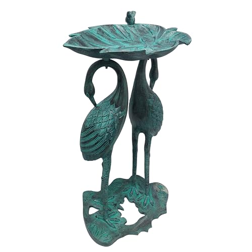 Image of Oakland Living 5608-GBK Cast Aluminum 30-in Twin Crane Black Patina Bird Bath with Leaf Bowl Birdbath