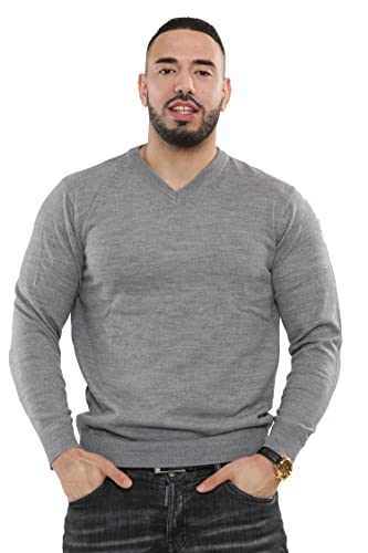 NOROZE Hommes Pull-Over Col en V Plaine Classique Pull tricoté Chandail Pullover Sweat-Shirt tricoté (XXL, Gris) Cover