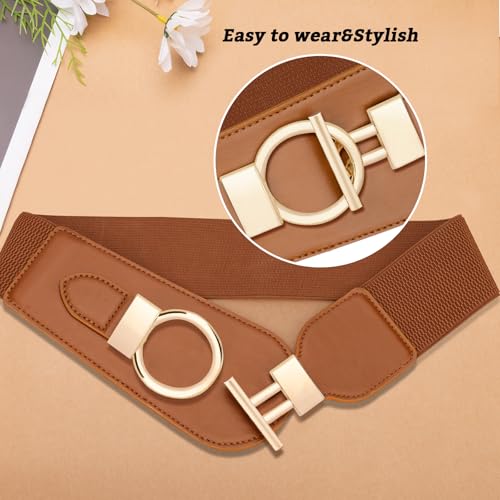 Stretch Waist Belt for Women Fashion, Gold Buckle Wide Belts for Women Dresses2