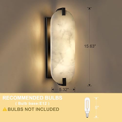 Image of 15.7 inch Natural Oval Alabaster Marble Modern Concise 2 Pack 2 Light Wall Sconce Fixture,Black Finish for Bathroom Bedroom Hallway Bedside Staircase Vanity Mirror