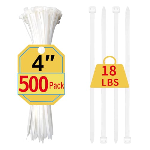 Small Zip Ties 4 Inch 500 Pack Mini White Cable Ties for Electronics Wires Nylon/Plastic Clear Zip Ties for Home Improvement Office & Outdoor Use 18lb Tensile Strength.
