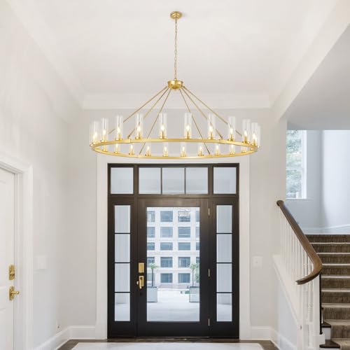Image of 24 Light Large Wagon Wheel Chandelier with Clear Glass Shade Gold Round Pendant Light Farmhouse Industrial Chandeliers Dining Room Light Fixture for Stair Living Room Foyer Kitchen