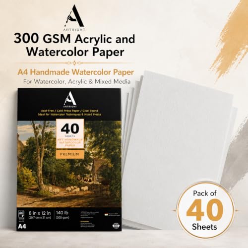 Image of ArtRight Artists' Acrylic Paper (A4 Pack of 40 Sheets, 300 GSM); 300 GSM Handmade Sheets for Gouache Media (Papers for Gouache Media)
