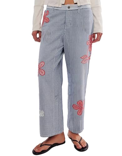 Kedera Women's Striped Pants Wide Leg Trousers Casual High Waisted Fun Pants Flare Leg Barrel Jeans with Floral Patches