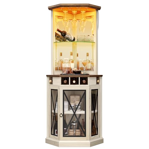 DWVO Corner Bar Cabinet with LED, 72" Tall Farmhouse Wine Cabinets, Liquor Stand w/Tempered Glass Door & Adjustable Shelf, Alcohol Storage with Wine Rack & Glass Holder for Living Room, Off White