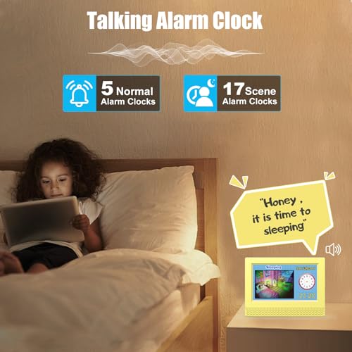 Image of Kids Digital Alarm Clock with Voice Scene Reminders, 7 inch Eye-Caring Display | Watercolor Wallpapers, Auto Dimming DST /Calendar Clock, Sleep Trainer Easy Setup Gift-Ready Box for Kids Birthday with Remote
