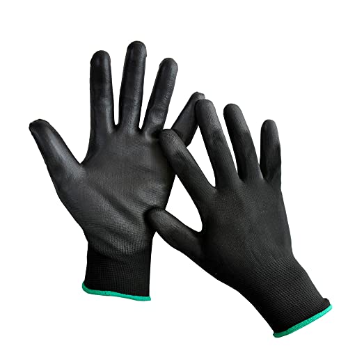 Ultra-Thin PU Coated work gloves (pack of 12 ) ，Seamless Knit Glove with Polyurethane（PU） Coated，safety work gloves for Men & Women,ideal for duty light work such as Gardening, Farming, Electronic and computer assembly, Warehouse Work，Auto Repairing，Home improvement，Parts assembly，DIY，Bicycling，Quality Control  Inspection（Medium， Black）