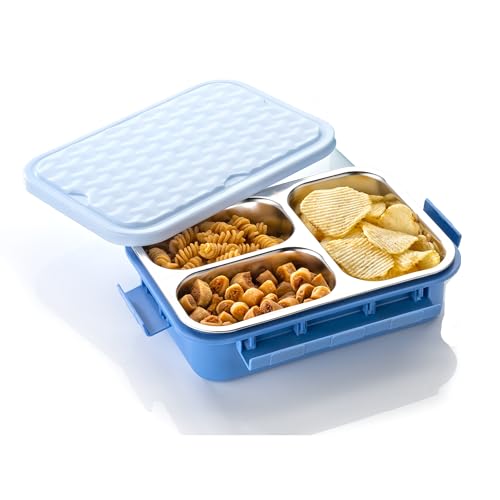 Image of Insulated Stainless Steel Lunch Box with Textured Lid | 3 Compartments | 525ml | BPA Free | Leakproof | Microwave Safe Without Lid | Bento Tiffin Box for Office School Travel (Sky Blue, 3)