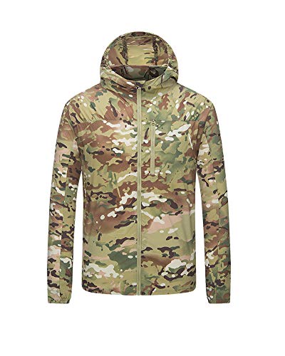 HONGBI été Mince Vêtements de Protection Solaire Capuche pour Hommes,Imperméable et Respirant Tactique Veste,Anti-UV Protection,Séchage Rapide Réfléchissant Tactique Coupe-Vent,Manteau Camouflage L Cover