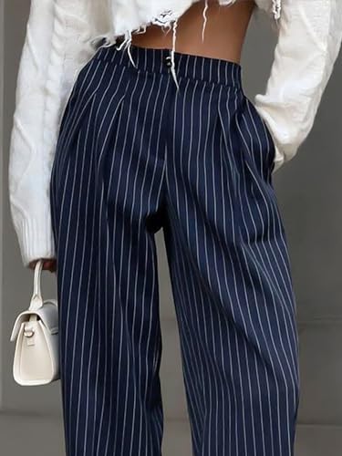 Conshvi Elastic High Waisted Palazzo Pants for Women Casual Striped Plus Size Wide Leg Long Lounge Pant Trousers with Pocket4