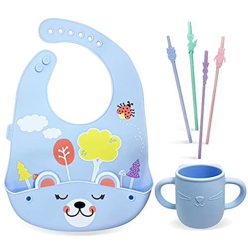 Brunoko Baby kopp + Baby silikon sugrör + Haklapp 3 IN 1 Set - Kopp barn silikon + Sugrör hårdplast + Haklapp silikon - Baby kopper set BPA-fri - Säker i diskmaskin/mikrovågsugn -Designad i Spanien