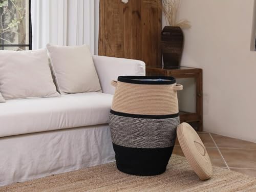 Image of Storage Cotton Rope Basket and Laundry Hamper for Dirty Clothes, Towels, Blankets, Pillows Storage in Living Room, Laundry Room and Bedroom (Beige Black With Lid, 14x16 Inch)