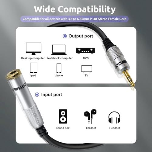 Image of MX 3.5mm Male to 6.35mm Female Audio Adapter Cable - AUX to RCA Style Y Splitter Extension for PC, Speakers, Mixers & Stereo Devices - 3 Meter, Black