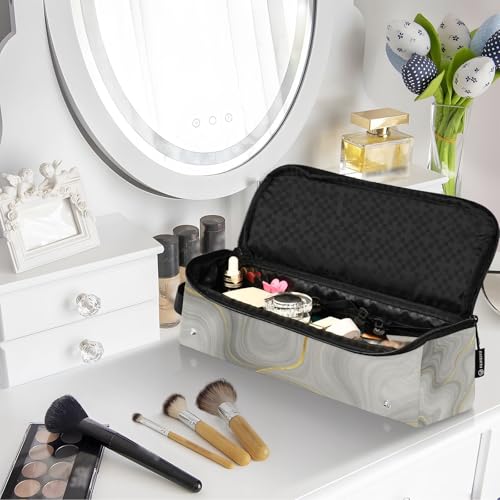 Estuche de viaje 2 en 1 para planchas y rizadores con almohadilla resistente al calor, portátil para herramientas calientes, moldeador de cabello, esencial de viaje blanco gris con vetas doradas miniatura 7