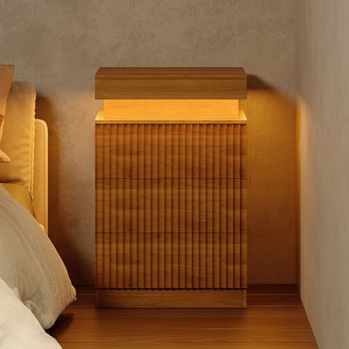 Image of Fluted Nightstand with Charging Station and LED Light, Bedside Table with Sliding Top, USB Ports and AC Outlets, 3 Drawer Storage Cabinet, Modern End Table for Bedroom, Walnut