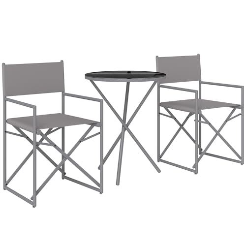 Outsunny Conjunto de Muebles de Jardín de 3 Piezas Juego de Muebles de Balcón con 2 Sillas Plegables Mesa con Encimera de Vidrio Templado y Estructura de Acero para Terraza Patio Exterior Gris Oscuro