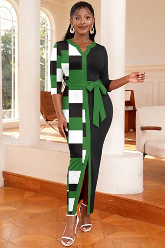 Image of Nmoder Maxi Dress for Women Long Church Cocktail Casual Dresses Colorblock Front Split 3 /4 Sleeve V Neck Pencil Dress