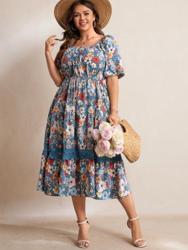 Image of RWJ Women's Plus Size Maxi Dress Short Sleeve Square Neck Flowy A-Line Lace Trim Flutter Party Casual Off Shoulder Dresses