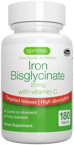 High Absorption Chelated Iron Bisglycinate 20mg with Vitamin C, Gentle Iron, Targeted Release, One Daily, Vegan, 180 Tablets, by Igennus…