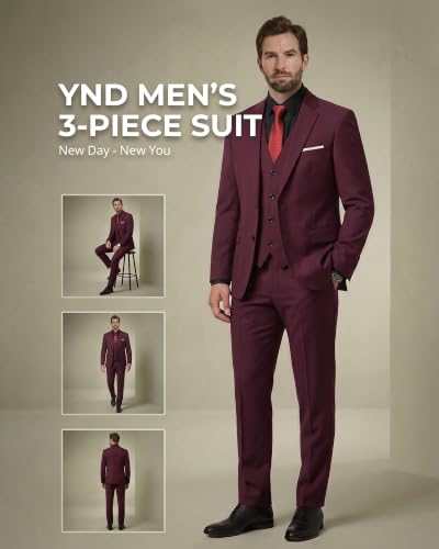 Image of YND Men's 3 Piece Suit with Tie, Solid Color Slim Fit Jacket Vest and Pants