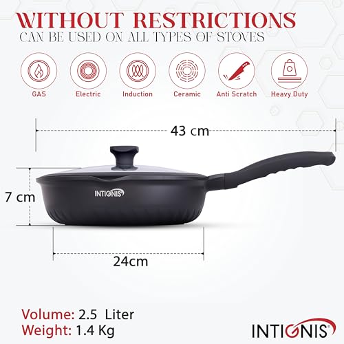 INTIGNIS Deep Non-Stick Frying Pan with Lid – 3-in-1 Sauté Pan, Skillet & Mini Wok – GREBLON Ceramic Coating | Induction Hob Safe | Stainless Steel Base |PTFE & PFOA Free (Black, 24 cm) - Image 3