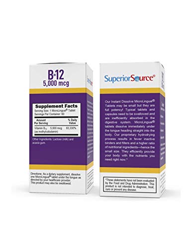 Superior Source No Shot Vitamin B12 Methylcobalamin 5000 Mcg, Quick Dissolve Microlingual Tablets, 60 Count, Active Form Of B12, Supports Energy Production, Nervous System Support, Non-Gmo #TOP1