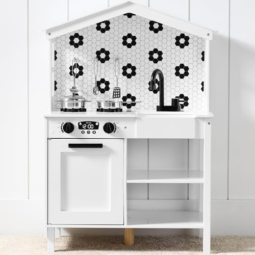 Best Choice Products Pretend Play Wooden Farmhouse Kitchen Set for Kids w/Toy Storage, Clicking Knobs, Windows, 5 Accessories Included - White/Black