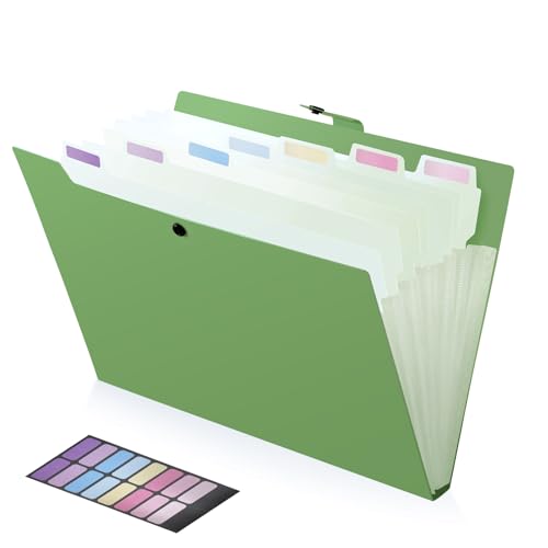 FRETONBA Carpetas Archivadoras A4 8 Bolsillos, Carpeta Clasificadora, Archivadores Oficina Diseño de Etiquetas, Carpeta de Fundas A4 Diseño de Botones, Organizador Oposiciones Material PP, Verde
