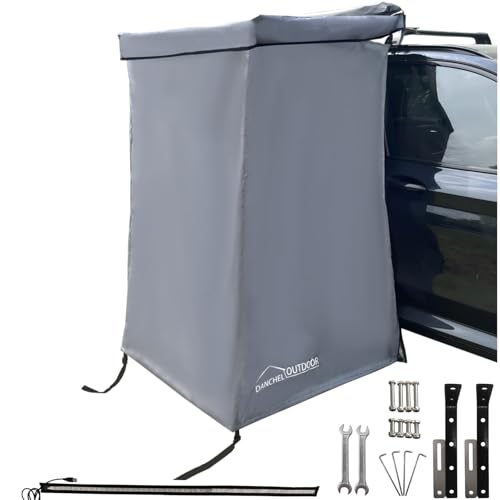 DANCHEL OUTDOOR Portable Car Shower Tent for Overland Camping - 3.3x3.3ft Privacy Waterproof Roof Rack Shower Awning w/LED Light 4 Enclosures Temporary Changing Room Beach Off-Road,Gray