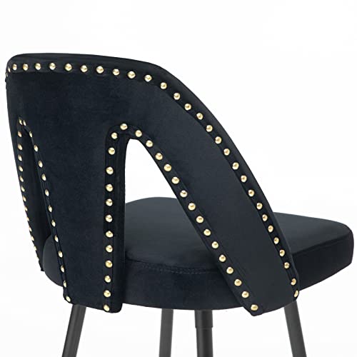 Polibi Modern Bar Chairs Set Of 2, Contemporary Velvet Upholstered Bar Stools Tool & Counter Stools With Nailheads And Gold Tipped Black Metal Legs, Black Leisure Style Bar Chairs #TOP2