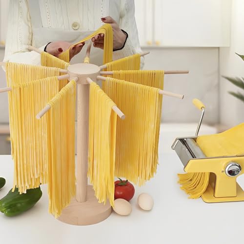 Fyeme Secador de pasta plegable de madera con 9 brazos extraíbles para hasta 4,5 kg con base, plegable, reutilizable,...