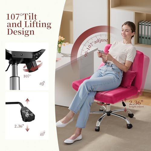 Image of Warmiehomy Criss Cross Office Chair with Wheels, Velvet Cross Legged Desk Chairs for Home, Height Adjustable Swivel Wide Seat Computer Chair, Modern Vanity Chair for Women, Hot Pink