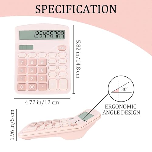 Image of 12-Digit Dual Power Desktop Calculator with Large LCD Display, Big Easy Press Buttons, Solar & Battery Operated, Portable Office & School Basic Calculator for Kids and Parents (Pink)