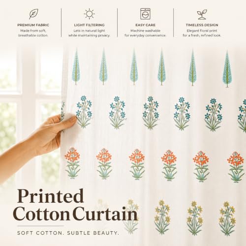 Image of Clasiko Block Print Sheer Door Curtains| 5 Feet | 40% Light Filtering Linen Textured Curtains with Eyelets | Elegant Floral